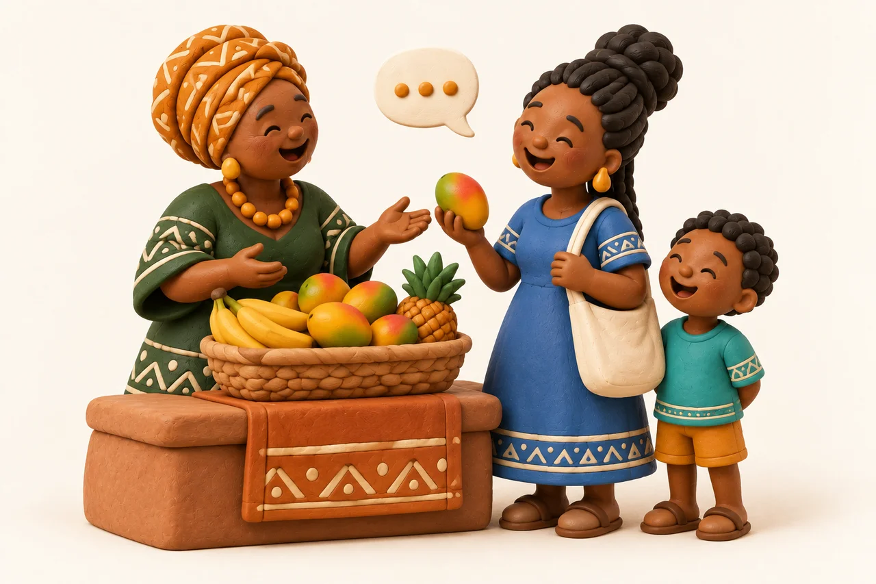 A vendor chatting with a woman and child at a fruit stall, sculpted in colorful clay.