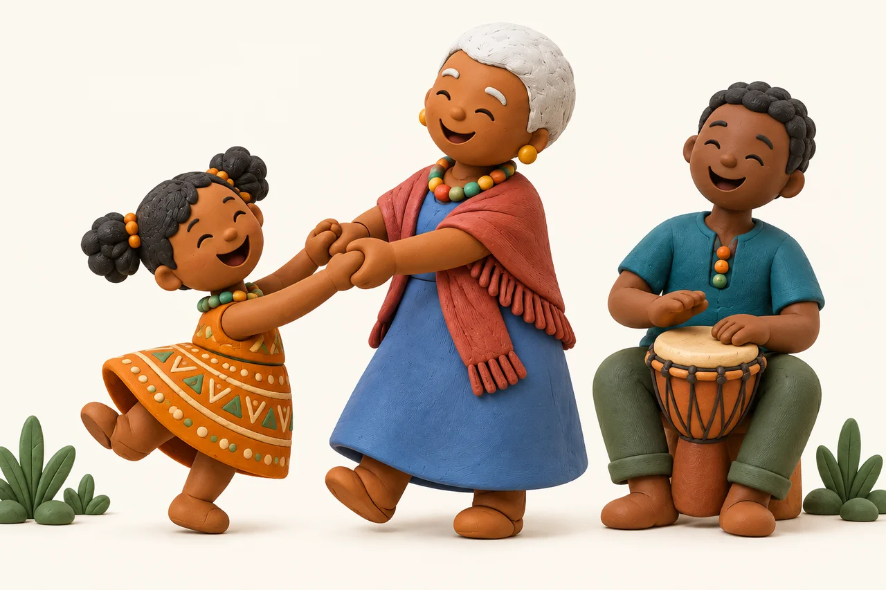 A grandmother and child dancing together as a musician plays a drum, sculpted in clay.