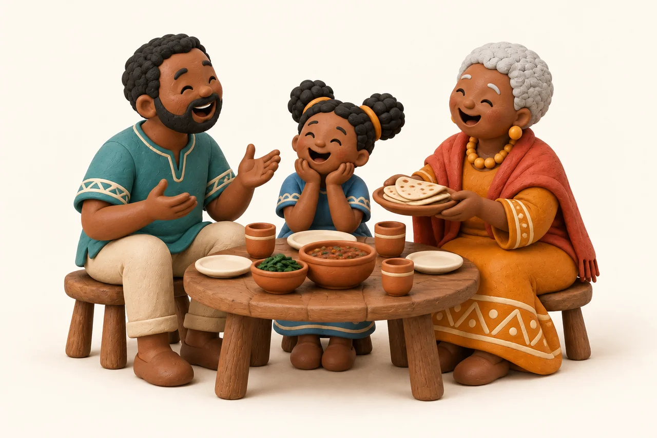 A father, daughter, and grandmother sharing food and conversation, sculpted in colorful clay.