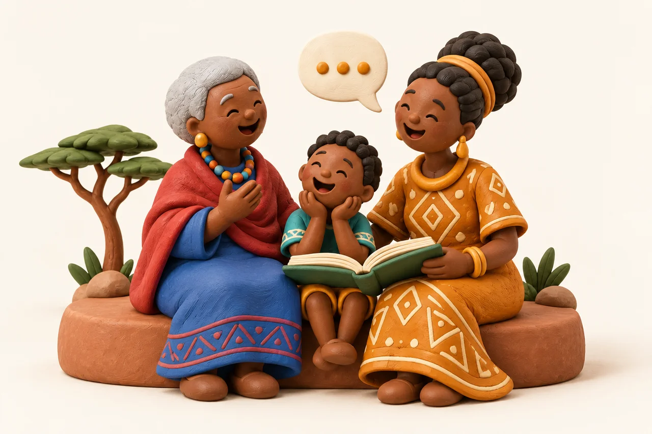 Three generations sharing a story, sculpted in colorful clay.